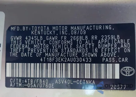 2010 Toyota Camry z USA, uszkodzony, nr VIN 4T1BF3EK2AU030433
